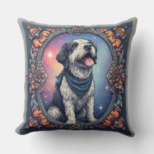 Reizender Hund, umrahmt von farbenfrohen Blumen Kissen