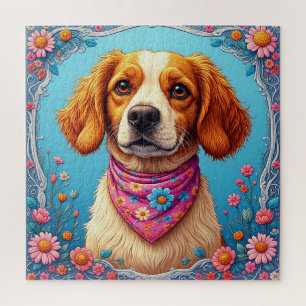 Reizender Hund, umrahmt von farbenfrohen Blumen Puzzle