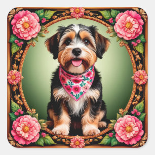 Reizender Hund, umrahmt von farbenfrohen Blumen Quadratischer Aufkleber