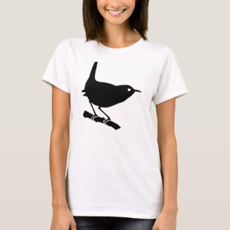 Reizender schwarzer Zaunkönig-Vogel auf einer T-Shirt