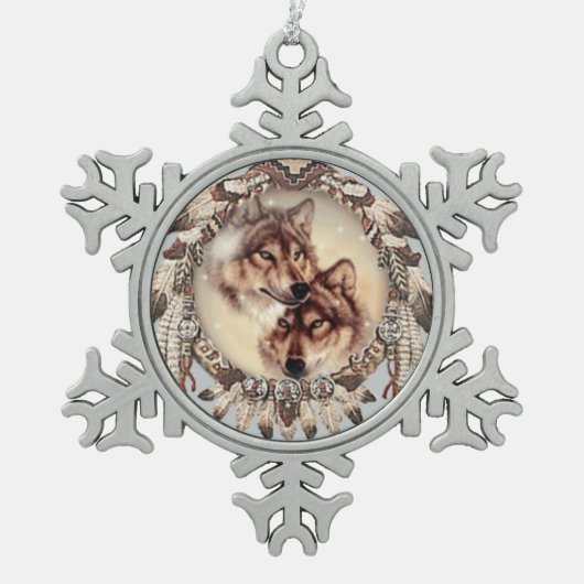 reizender Weihnachtsbaum oder ein dekorative Wolf Schneeflocken Zinn-Ornament (Vorderseite)