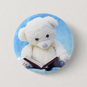 Reizender weißer Teddybär las Buch Button (Vorderseite)