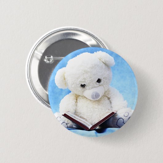 Reizender weißer Teddybär las Buch Button (Vorne & Hinten)