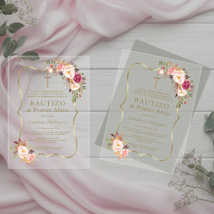Reizendes Gold-Rosa-Blush-Blumen 1. Geburtstag Tau Acryleinladungen