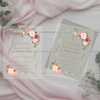 Reizendes Gold-Rosa-Blush-Blumen 1. Geburtstag Tau Acryleinladungen
