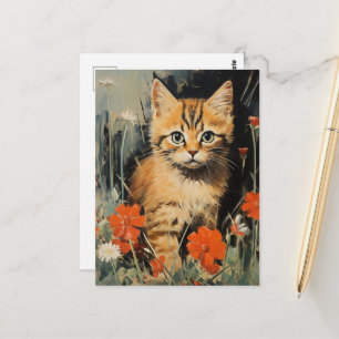 Reizendes Kätzchen in Blumen Vintage-Gemälde Postkarte