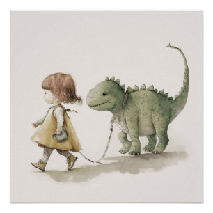 Reizendes Mädchen, das Dinosaurier-Wandkunst läuft Poster