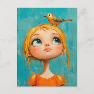 Reizendes Mädchen mit einem Vogel auf dem Kopf Postkarte