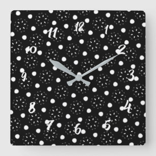 Reizendes Schwarz-Weiß-Punkte- und Gänseblümchen-D Quadratische Wanduhr