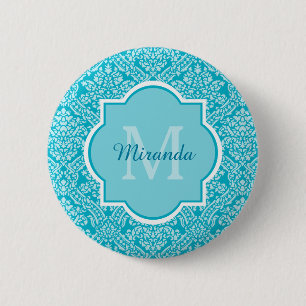 Reizendes Türkis-Damast-Muster-Monogramm mit Name Button