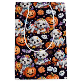 Reizendes Wasserfarben-Halloween-Hündchen & Kürbis Mittlere Geschenktüte