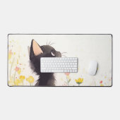 Reizvolle Aquarell Schwarzkatze Gelbe Wildblume Schreibtischunterlage (Tastatur & Maus)