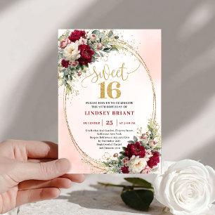 Reizvolle boho-marone-goldene florale Sweet Sixtee Einladung