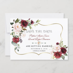 Reizvolle Burgunder-Rosé-Blumen Goldrahmen Hochzei Save The Date