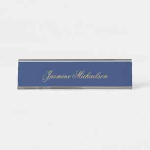 Reizvolle elegante Kalligrafie Name Blau & Gold Schreibtischnamensplakette