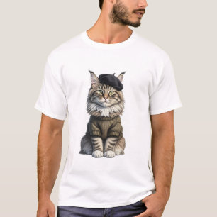 Reizvolle Maine-Coon-Katze mit schwarzer Baskenmüt T-Shirt