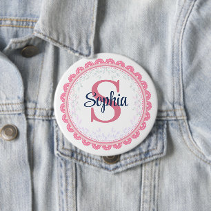 Reizvolle rosa Spitze Monogramm & Name individuell Button