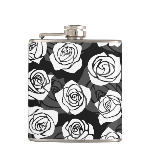 Reizvolle Vintage-Schwarze und weiße Rosen Flachmann (Vorderseite)