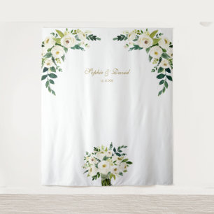 Reizvolle weiße Blumenhochzeit Foto Booth Hintergr Wandteppich