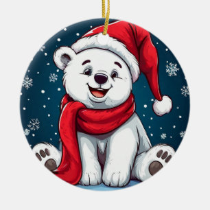 Reizvoller Cartoon-Eisbär mit Weihnachtsmannmütze Keramik Ornament