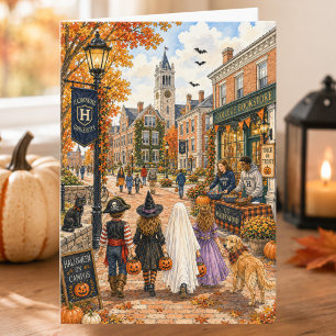 Reizvoller Herbst-Collegetown Frohes Halloween Karte