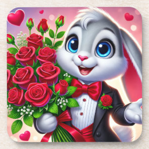 Reizvolles Cartoon-Kaninchen mit Rosen Getränkeuntersetzer