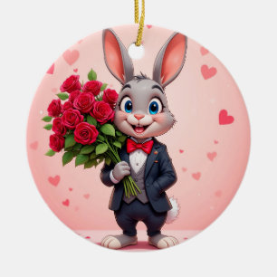 Reizvolles Cartoon-Kaninchen mit Rosen Keramik Ornament