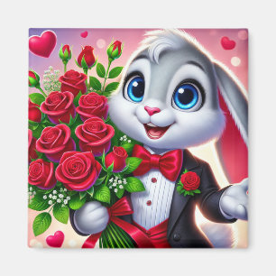 Reizvolles Cartoon-Kaninchen mit Rosen Magnet