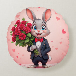 Reizvolles Cartoon-Kaninchen mit Rosen Rundes Kissen