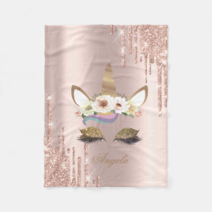 Reizvolles Einhorn mit floralem Roségold-Glittertr Fleecedecke