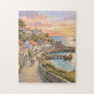 Reizvolles Küsten-Weiler-Sonnenuntergang-Aquarell Puzzle