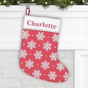 Reizvolles rotes und weißes Schneeflocken-Name-Mon Kleiner Weihnachtsstrumpf