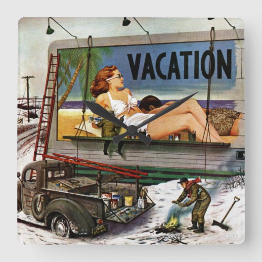 Reklametafeln im Winter von Stevan Dohanos Quadratische Wanduhr (Vorderseite)