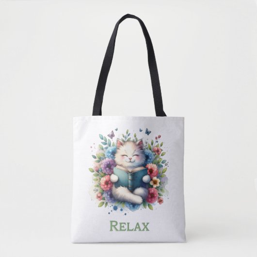 “Relax” cat reading tote bag Tasche (Vorderseite)