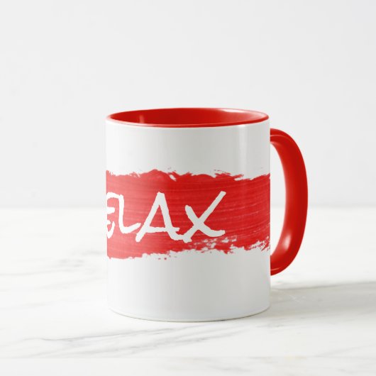 RELAX-Text auf der roten Farbe der Tasse (VorderseiteRechts)