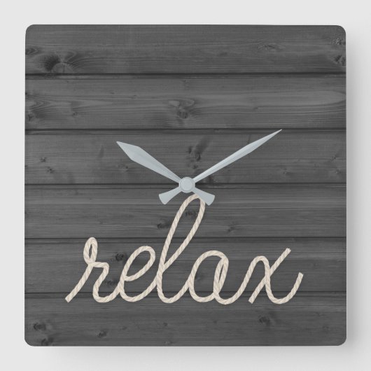 Relax Text und nautisches Seil auf Holz Quadratische Wanduhr (Vorderseite)