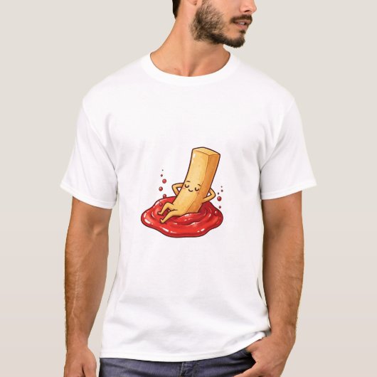 Relaxed French Fry Character Lounging in Ketchup T-Shirt (Vorderseite)