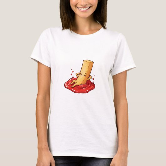 Relaxed French Fry Character Lounging in Ketchup T-Shirt (Vorderseite)