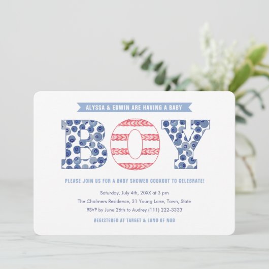 Relaxtes Summer Cookout Co-ed Baby Dusche Party Einladung (Stehend Vorderseite)