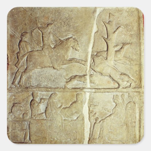 Relief Stela mit einer Wildschwein-Jagd Quadratischer Aufkleber (Vorderseite)
