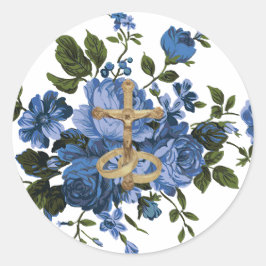 Religiöse blaue Rose Blumengold Crucifix Runder Aufkleber