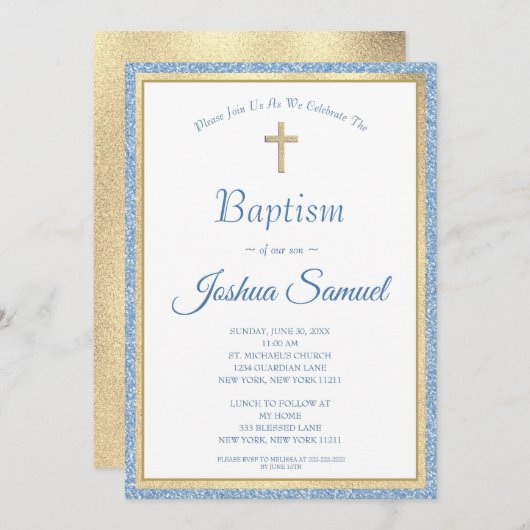 Religiöse Blue Glitzer Gold Cross Boy Taufe Einladung (Vorne/Hinten)