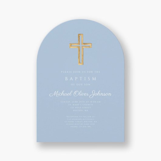 Religiöse Cross Baby Blue Script Boy Taufe Arch Einladung