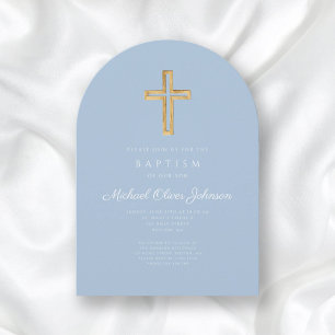 Religiöse Cross Baby Blue Script Boy Taufe Arch Einladung