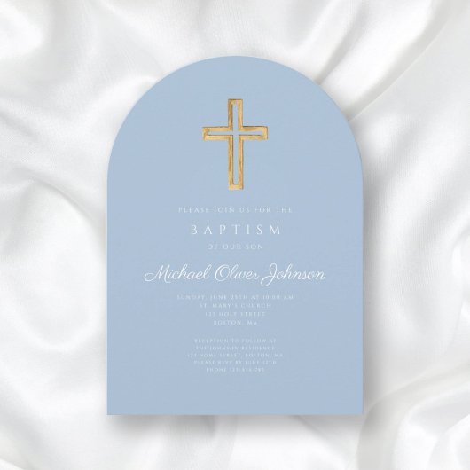Religiöse Cross Baby Blue Script Boy Taufe Arch Einladung
