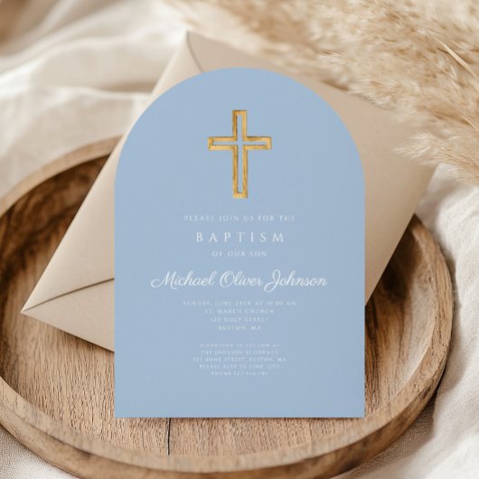 Religiöse Cross Baby Blue Script Boy Taufe Arch Einladung