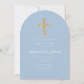 Religiöse Cross Baby Blue Script Boy Taufe Arch Einladung (Vorderseite)