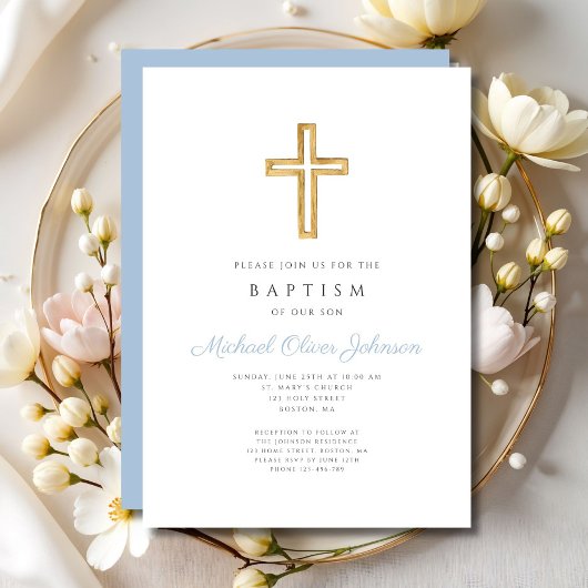 Religiöse Cross Baby Blue Script Boy Taufe Einladung