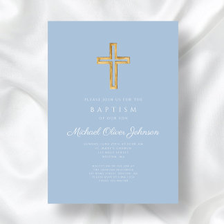 Religiöse Cross Baby Blue Script Boy Taufe Einladung