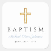 Religiöse Cross Baby Blue Script Boy Taufe Quadratischer Aufkleber (Vorderseite)